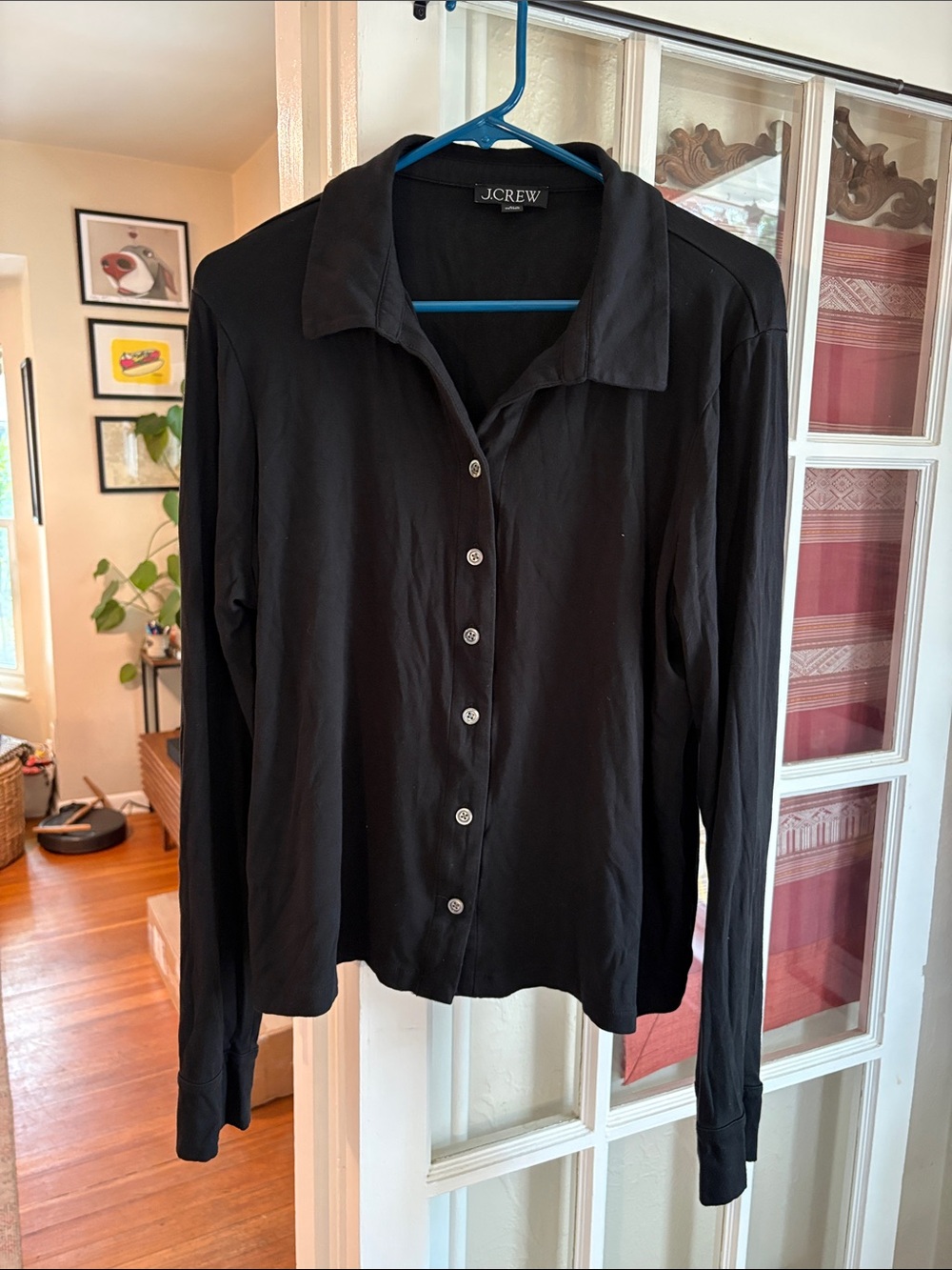 J. Crew Long Sleeve Button Up Top in Refined Rib (Black/XL)